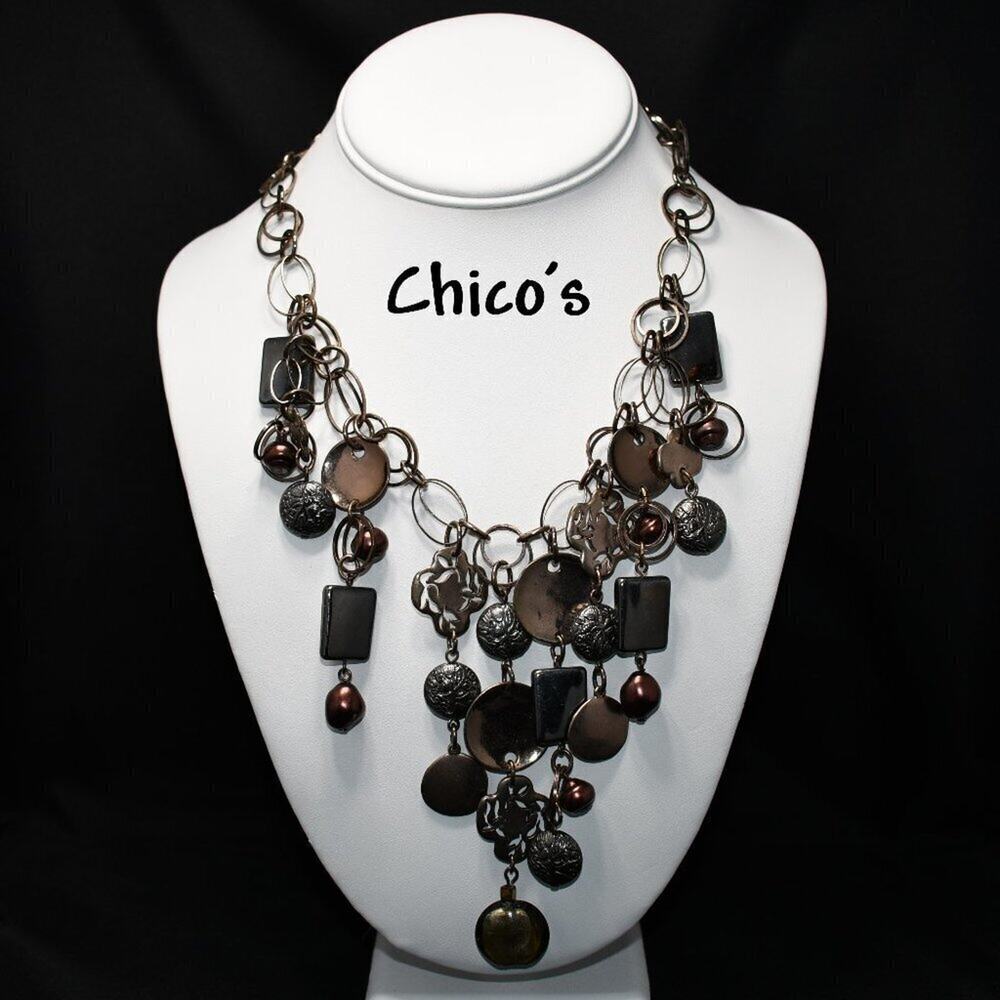 Chico’s Bronze Silver Tone Multi Dangle Bib Necklace Statement Art Beads 20"